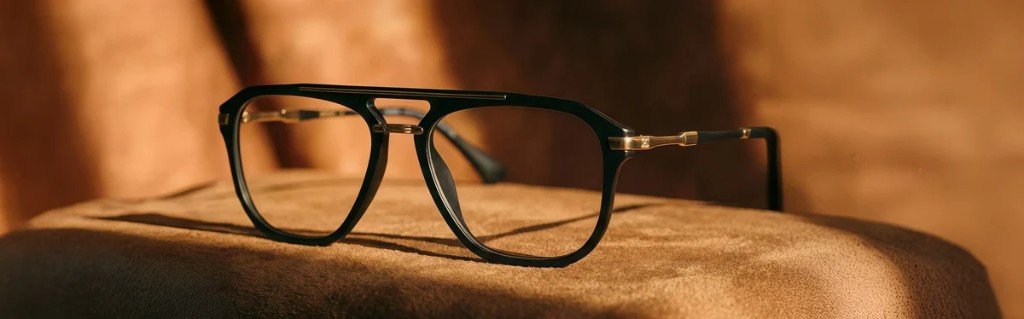 Black Dobetti optical frames resting on a suede seat