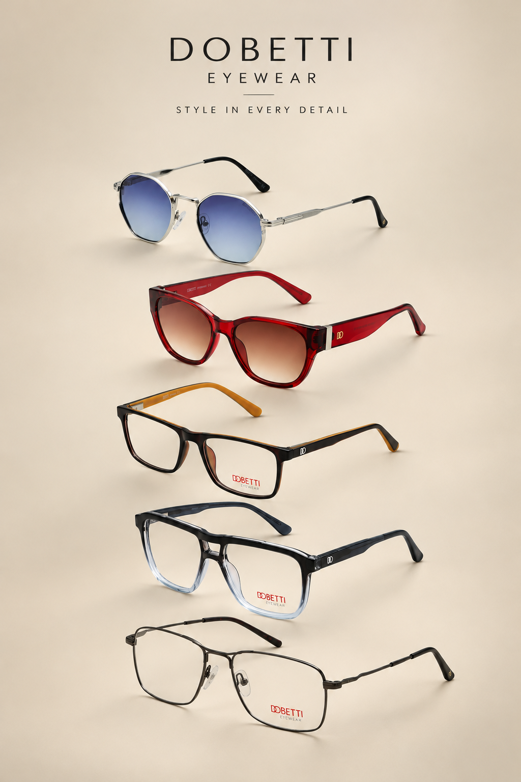 Three modern eyeglass frames on a dark background